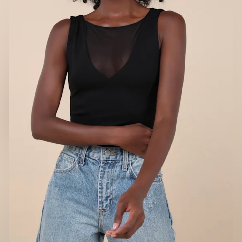 Lulus Intriguing Perception Black Sheer Mesh Sleeveless Bodysuit - New